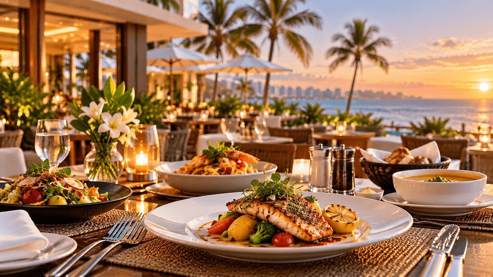 Plated dishes served at a seaside restaurant