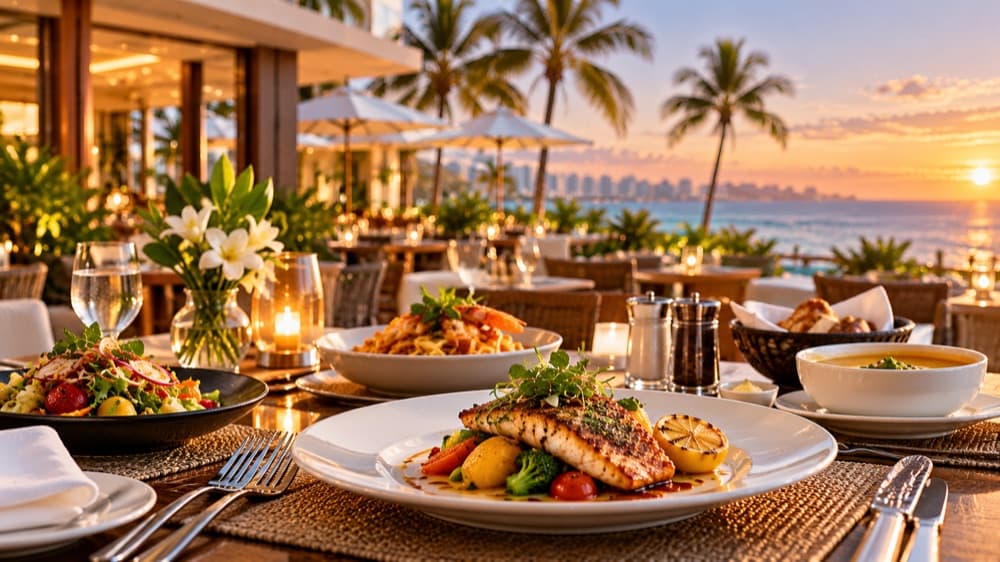 Plated dishes served at a seaside restaurant