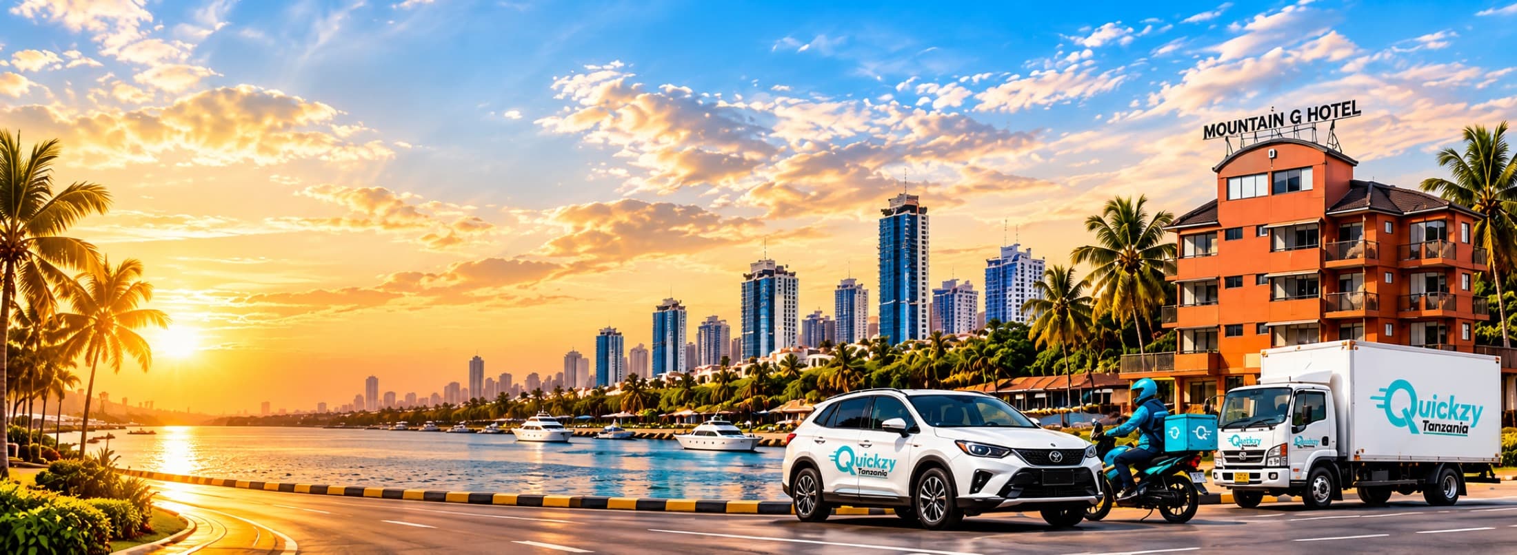 Mountain G Hotel on the Dar es Salaam waterfront with Quickzy vehicles