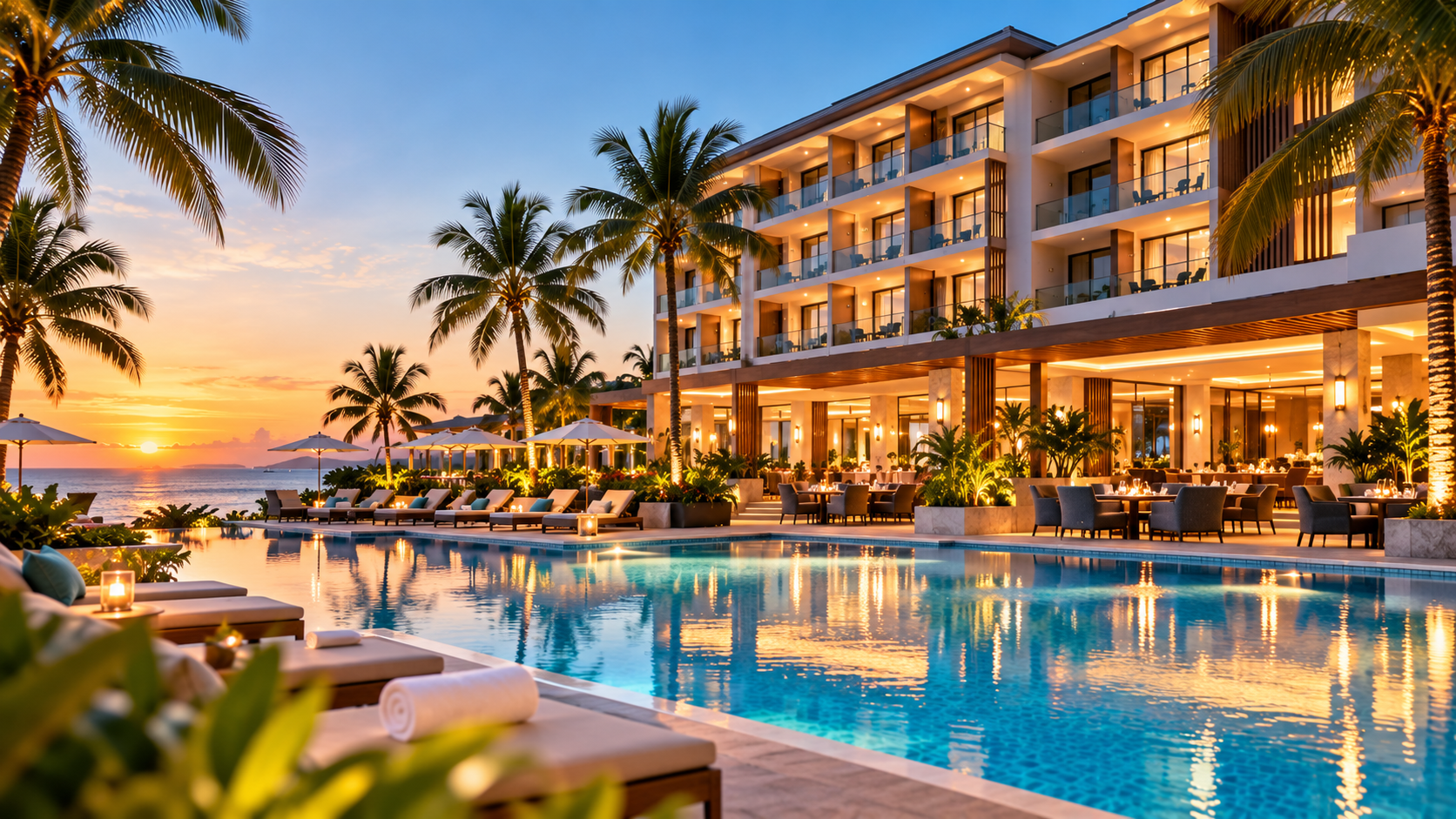 Resort hotel with pool at sunset