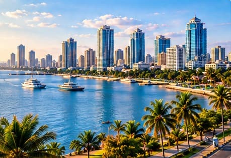 Waterfront city skyline with palm trees