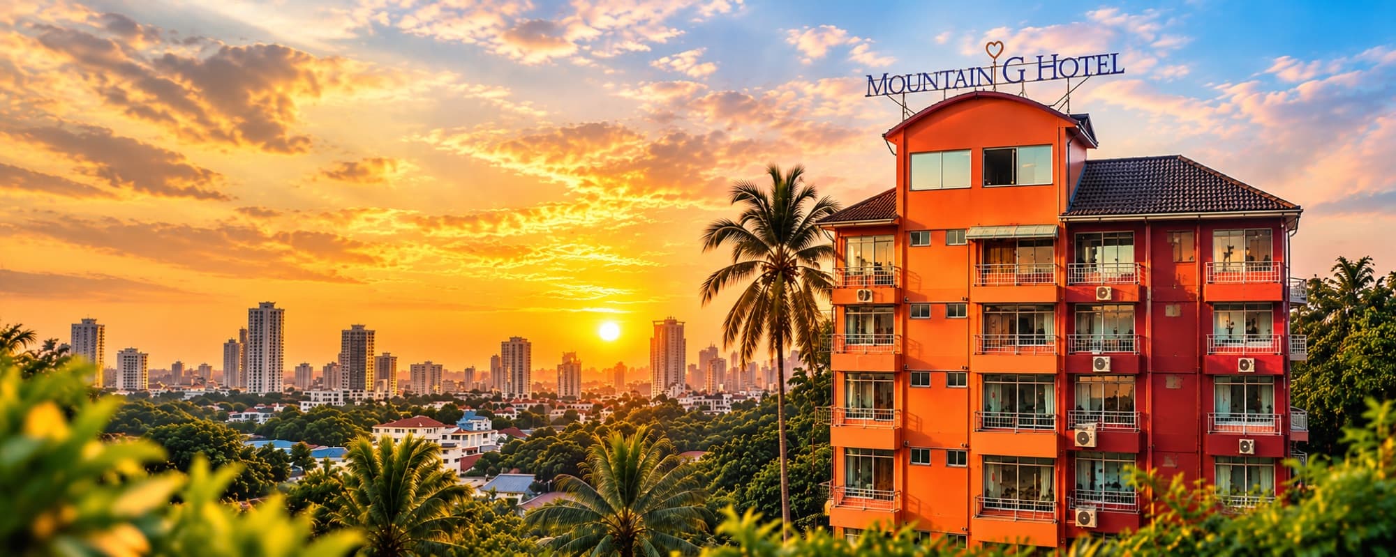 Mountain G Hotel at sunset with the Dar es Salaam skyline behind it