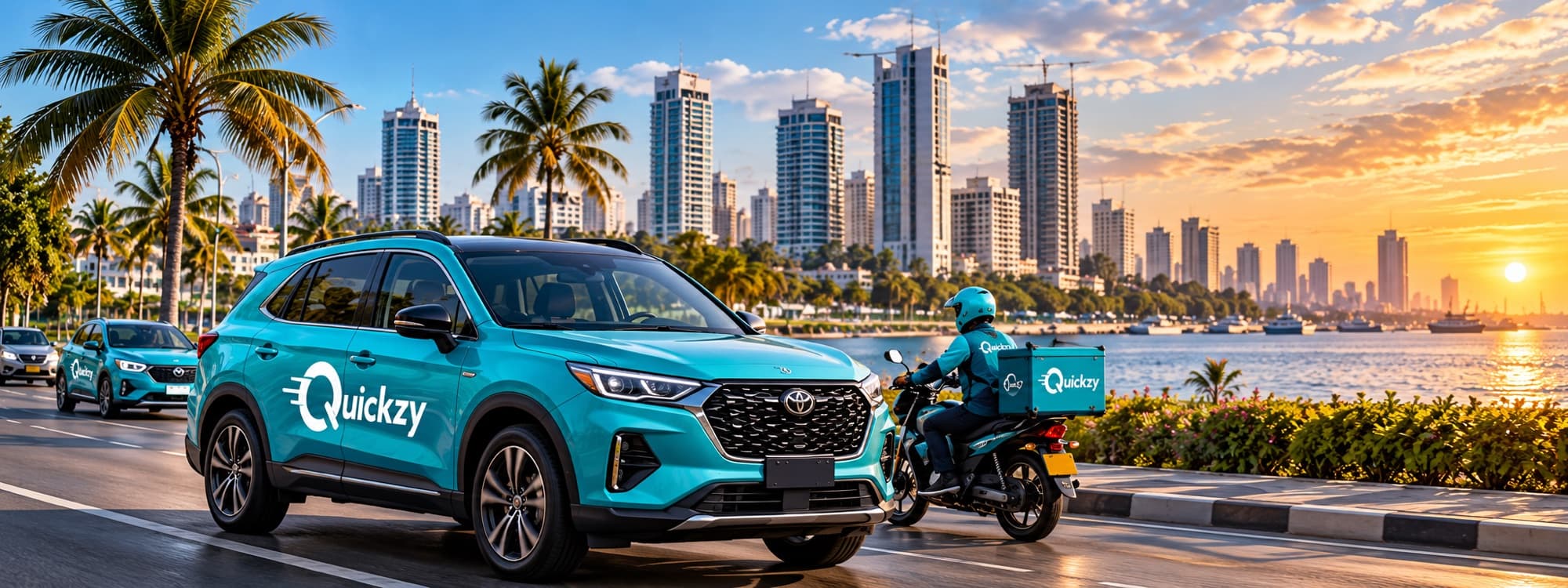 Quickzy-branded SUV and delivery rider on a coastal boulevard at sunset